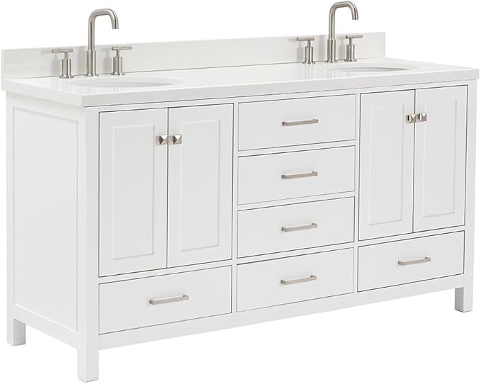 ARIEL Cambridge 66-inch Bathroom Vanity with Sink,Solid Wood, 1.5-inch Pure White Quartz Countertop & Backsplash, Double Oval Porcelain Sink, 4 Soft Closing Doors, 6 Dovetail Drawers, White