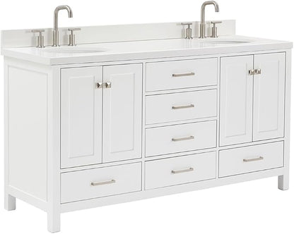 ARIEL Cambridge 66-inch Bathroom Vanity with Sink,Solid Wood, 1.5-inch Pure White Quartz Countertop & Backsplash, Double Oval Porcelain Sink, 4 Soft Closing Doors, 6 Dovetail Drawers, White