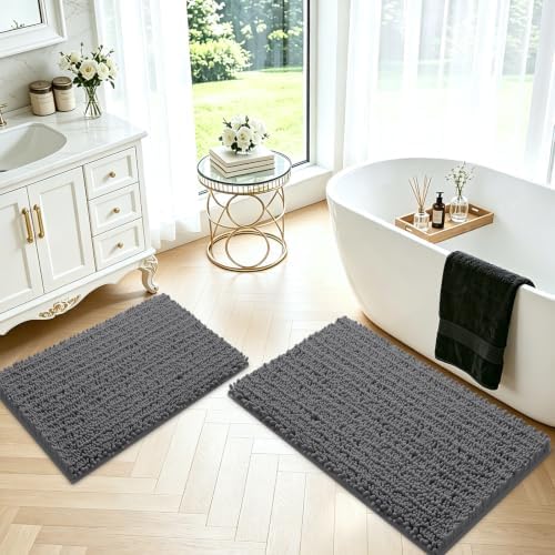 ACCUMTEK Upgrade Luxury 2 Piece Dark Gray Toilet Bathroom Rug Mat 32"x20"+24"x17", Ultra Soft Thick Absorbent Bath Mats, Non Slip Chenille Toilet Mat for Bathroom, Bedroom, Kitchen, Shower, Tub