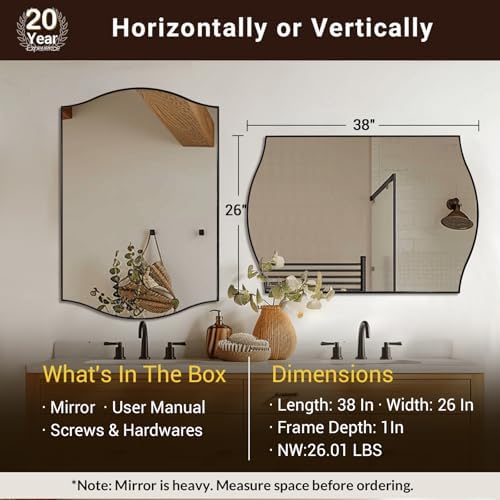 ANDY STAR 26"x38" Scalloped Mirror for Bathroom，Matte Black Rectangle Wall Mirror with Curved Edge Stainless Steel Metal Frame, Wall-Mounted Mirror for Bathroom, Entryway, Living Room