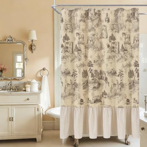 ORTIGIA Ruffle Linen Shower Curtain with Metal Hooks 72x72 Inch, Taupe Brown Toile de Jouy for Vintage French Country Waterproof Bathroom Decor Chateau Toile Pattern