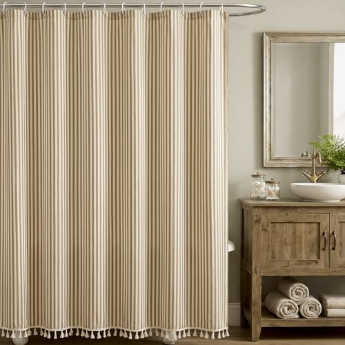 HunnmingRe Taupe Farmhouse Striped Shower Curtain Tasseled 72x72 Inch