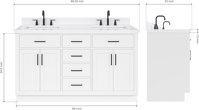 ARIEL Hepburn 60-inch Bathroom Vanity with Sink,Solid Wood, 1.5-inch Carrara White Quartz Countertop & Backsplash, Double Rectangular Porcelain Sink, 4 Soft Closing Doors, 6 Dovetail Drawers, White