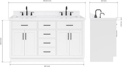 ARIEL Hepburn 60-inch Bathroom Vanity with Sink,Solid Wood, 1.5-inch Carrara White Quartz Countertop & Backsplash, Double Rectangular Porcelain Sink, 4 Soft Closing Doors, 6 Dovetail Drawers, White