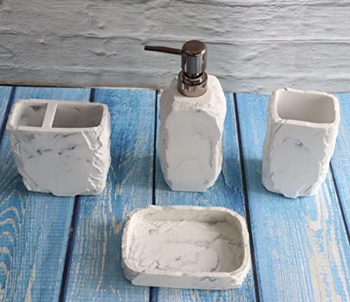 Hymmah Marble Bathroom Accessories Set,Marble Design Toothbrush Holder,Farmhouse Bathroom Decor,4 Pcs Resin Gift Set Apartment Necessities, Contain Toothbrush Cup,Soap Dispenser,Soap Dish,Tumbler