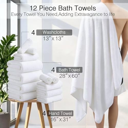 Hailea Luxury Bath Towels Set - 12 Piece (4 Large Bath Towels,4 Hand Towels,4 Washcloths), 100% Microfiber,Extra Absorbent Super Soft & Quick Dry,Complete Family Pack for Bathroom Gym Pool,White