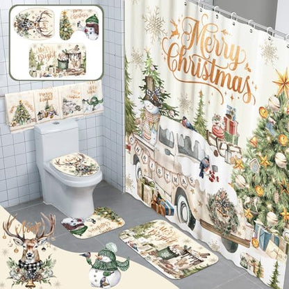 FuWeave 8 Pcs Christmas Shower Curtain Set Xmas Santa Bathroom Decoration Christmas Tree Hand Towels Snowman Toilet Lid Cover Bathroom Rugs Xmas Shower Curtain with Hooks (Vintage Style)