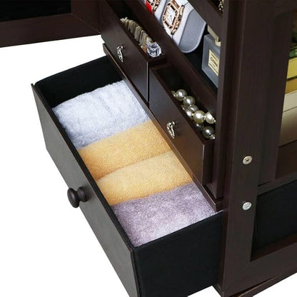 Swivel Full Length Mirror Jewelry Cabinet Standing With Built-In Mirror - 63.7”H Lockable Storage Jewelry Armoire With Mirror Drawers 3 Storage Racks Christmas Gift for Women Brown