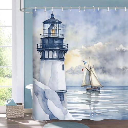 Coastal Lighthouse Shower Curtain for Bathroom, Ocean Nautical Sunrise Beach Seascape Bath Curtain, Sailboat Waterproof Shower Curtain Set Bathtub Decor Accessories with Hooks 72X72 in
