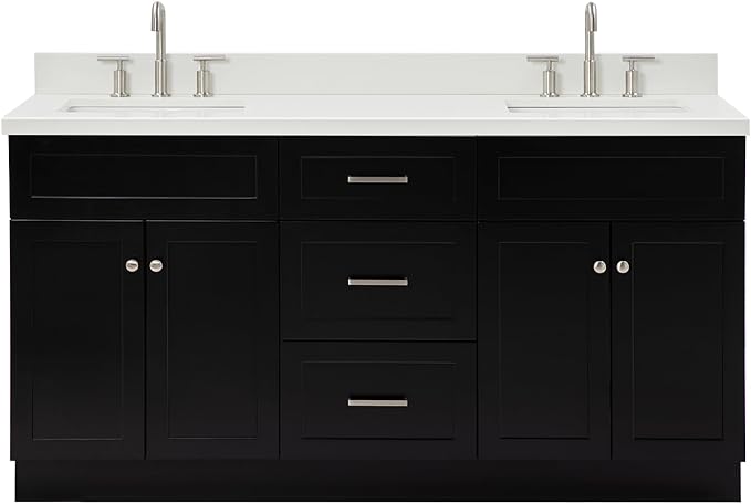 ARIEL Hamlet 66-inch Bathroom Vanity with Sink,Solid Wood, 1.5-inch Pure White Quartz Countertop & Backsplash, Double Rectangular Porcelain Sink, 4 Soft Closing Doors, 3 Dovetail Drawers, Black