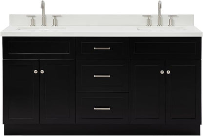 ARIEL Hamlet 66-inch Bathroom Vanity with Sink,Solid Wood, 1.5-inch Pure White Quartz Countertop & Backsplash, Double Rectangular Porcelain Sink, 4 Soft Closing Doors, 3 Dovetail Drawers, Black