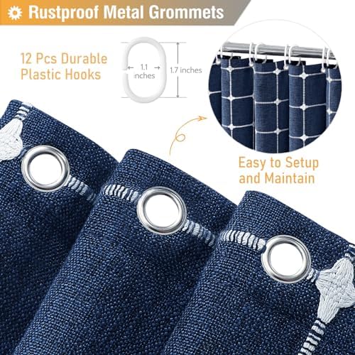 BTTN Navy Blue Boho Farmhouse Linen Heavy Duty Shower Curtain Set, 72x72