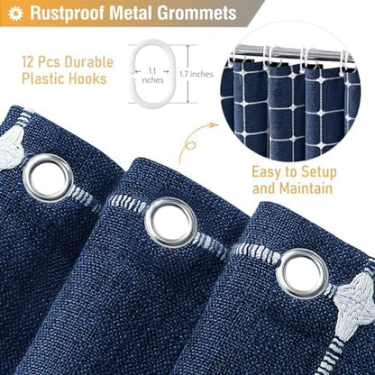 BTTN Navy Blue Boho Farmhouse Linen Heavy Duty Shower Curtain Set, 72x72