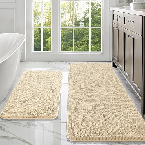 OLANLY Chenille Bathroom Rugs Mats Sets 2 Piece, 47"x20"+30"x20", Beige