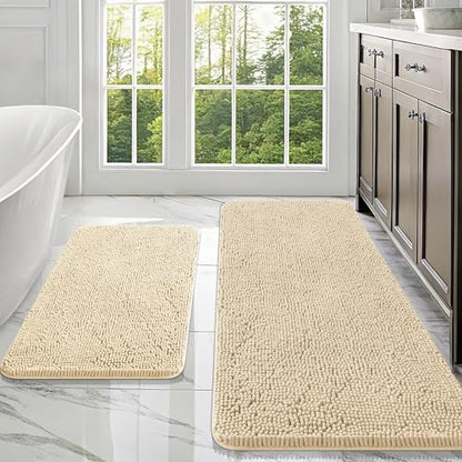 OLANLY Chenille Bathroom Rugs Mats Sets 2 Piece, 47"x20"+30"x20", Beige