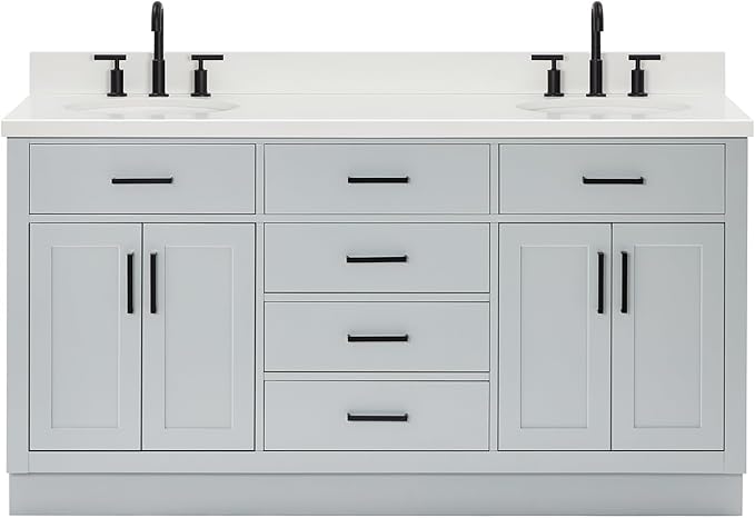 ARIEL Hepburn 66-inch Bathroom Vanity with Sink,Solid Wood, 1.5-inch Pure White Quartz Countertop & Backsplash, Double Oval Porcelain Sink, 4 Soft Closing Doors, 6 Dovetail Drawers, Grey