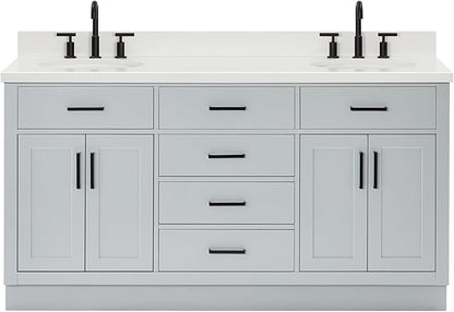 ARIEL Hepburn 66-inch Bathroom Vanity with Sink,Solid Wood, 1.5-inch Pure White Quartz Countertop & Backsplash, Double Oval Porcelain Sink, 4 Soft Closing Doors, 6 Dovetail Drawers, Grey