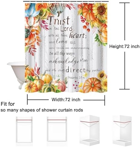 Fall Pumpkins Shower Curtain, Autumn Thanksgiving Harvest Motivational Inspirational Quotes Bathroom Bathtubs Decor, Waterproof Polyester Fabric Bathroom Curtain with Hooks 72x72 in