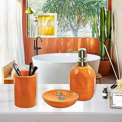 Burnt Orange Bathroom Accessories Set, 3PC Ceramic Bathroom Sets Complete, Toothbrush Holders, Soap Dispenser, Soap Dish, Vibrant Bathroom Decor, Bathroom Organizer for Countertop