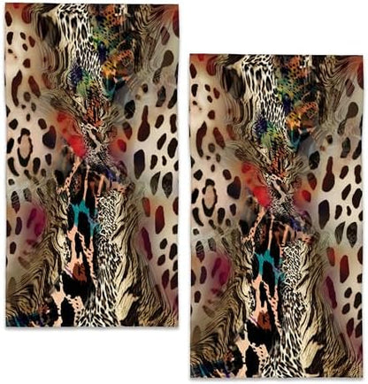 Leopard Print Hand Towels Set of 2,28 x 14 Inch African Animal Bathroom Towel Soft Absorbent Kitchen Hotel Spa Laundry Room Gym Face Towel Decor