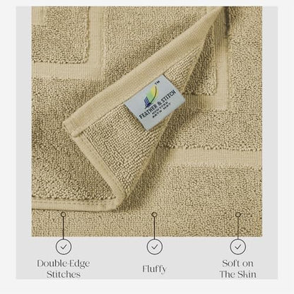 Feather & Stitch 2 Piece Towel Like Bath Mats (30x21 Inch) 100% Cotton Terry Bath Mats, Bathroom Shower Floor Mats [NOT A Bathroom Rug], Soft Absorbent Washable Mats - Linen