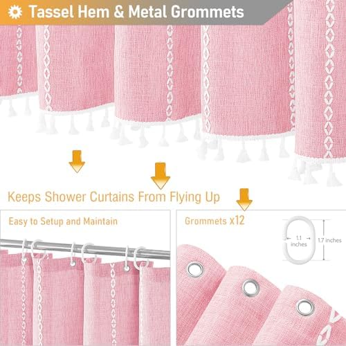 BTTN 72x96 Extra Long Boho Linen Heavy Duty Shower Curtain Set, Blush Pink