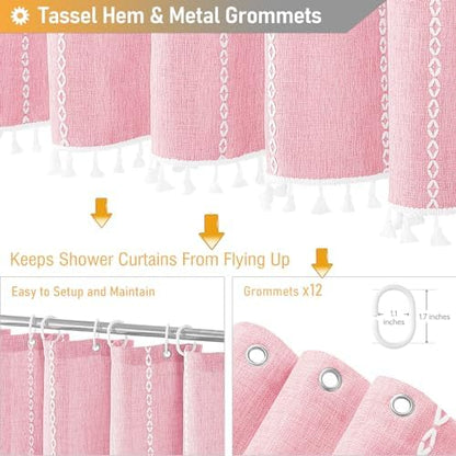 BTTN 72x84 Long Boho Farmhouse Linen Heavy Duty Shower Curtain, Blush Pink