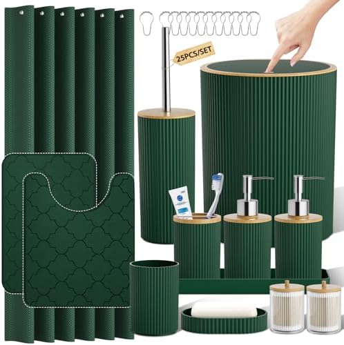 Bathroom Accessories Set 25 PCS, Dark Green Shower Curtains Set