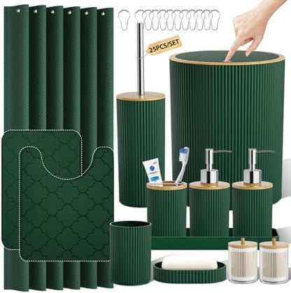 Bathroom Accessories Set 25 PCS, Dark Green Shower Curtains Set
