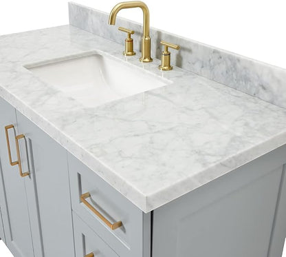 Emilia 48-Inch Bathroom Vanity with Sink — Grey Single Sink Bathroom Vanity, 1.5" Edge Italian Carrara Marble Top, Solid Wood, 2 Soft Closing Doors, 9 Dovetail Drawers
