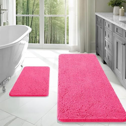 OLANLY Chenille Bathroom Rugs Mats Sets 2 Piece, 47"x20"+24"x16", Hot Pink