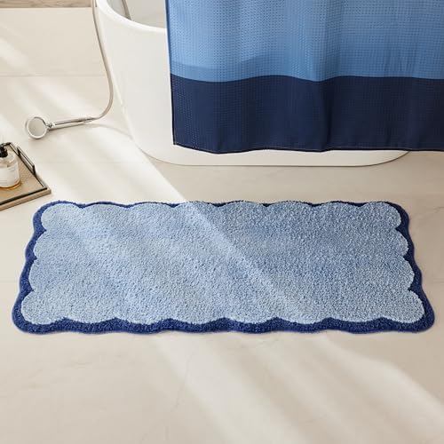 Ohocut Luxury Microfiber Scalloped Runner Rug, Navy Blue Scalloped Piping Long Bathroom Rug Nautical Coastal Bath Mat for Bathroom, Tub, Sink, Shower, Anti Slip, Extra Soft, Absorbent, 47x24