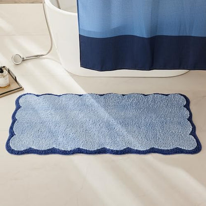 Ohocut Luxury Microfiber Scalloped Runner Rug, Navy Blue Scalloped Piping Long Bathroom Rug Nautical Coastal Bath Mat for Bathroom, Tub, Sink, Shower, Anti Slip, Extra Soft, Absorbent, 47x24