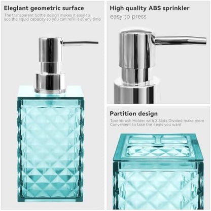 2 PCS Bathroom Accessory Set,Teal Blue Soap Dispenser and Toothbrush Holder