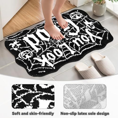 Meetory Halloween Bathroom Rug - Spider Web Bath Mat, Halloween Machine Washable Goth Bath Mat, Non-Slip Rugs, Area Rugs, Gothic Rug for Front Door, Bedroom, Living Home (Black)
