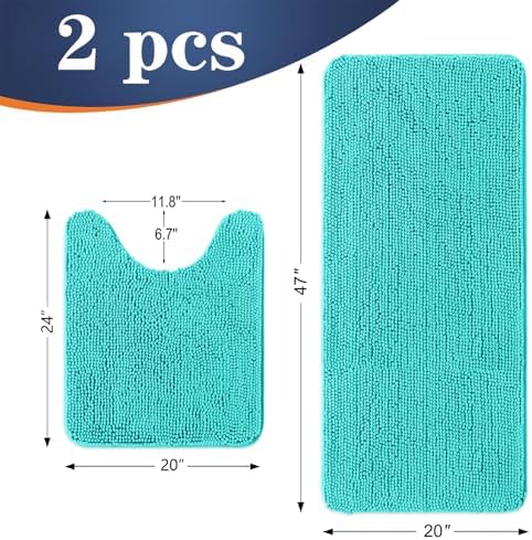 OLANLY Chenille Bathroom Rugs Mats Sets 2 Piece, 47"x20"+24"x20", Teal