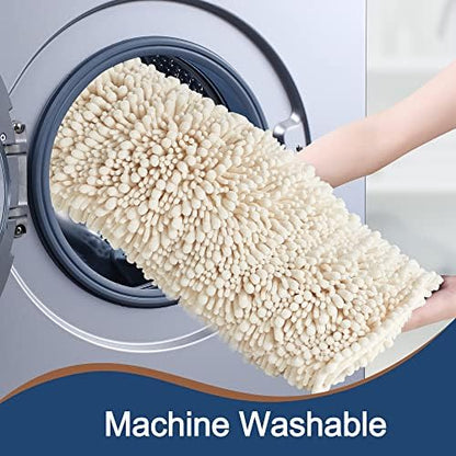 Luxury Chenille Cream Bathroom Rugs Sets 2 Piece, Thickened Hot Melt Rubber Bottom Bath Mats for Bathroom Non Slip,Bath Rugs Quick Dry Machine Washable for Shower Mat (47"x17"+17"x24")