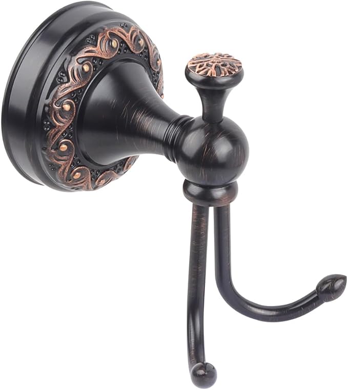 Black Antique Brass Towel Hook, Wall Mounted Bathroom Copper Double Hook for Clothing & Robe Hanger, Screws Install Shower Wall Hook