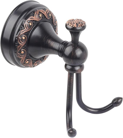 Black Antique Brass Towel Hook, Wall Mounted Bathroom Copper Double Hook for Clothing & Robe Hanger, Screws Install Shower Wall Hook