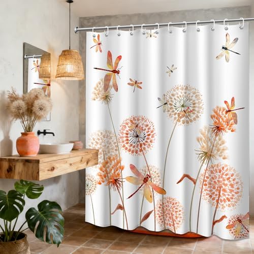 Orange Dandelion Shower Curtain Spring Dragonfly White Watercolor Shower Curtains for Bathroom Decor, Waterproof Cloth Fabric with Hooks 70" Wx72 L