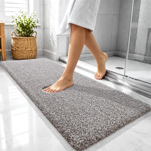 OLANLY Microfiber Bathroom Rugs 47x20, Quick Dry Bath Mat, Brown and White