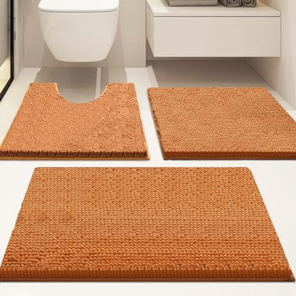 Bathroom Rugs Set 3 Piece Non Slip, Bath Rugs with PVC Backing, Absorbent, Plush Carpet Mats, Bath Mats for Bedroom, Kitchen, Tub, Home Decor (Champagne)