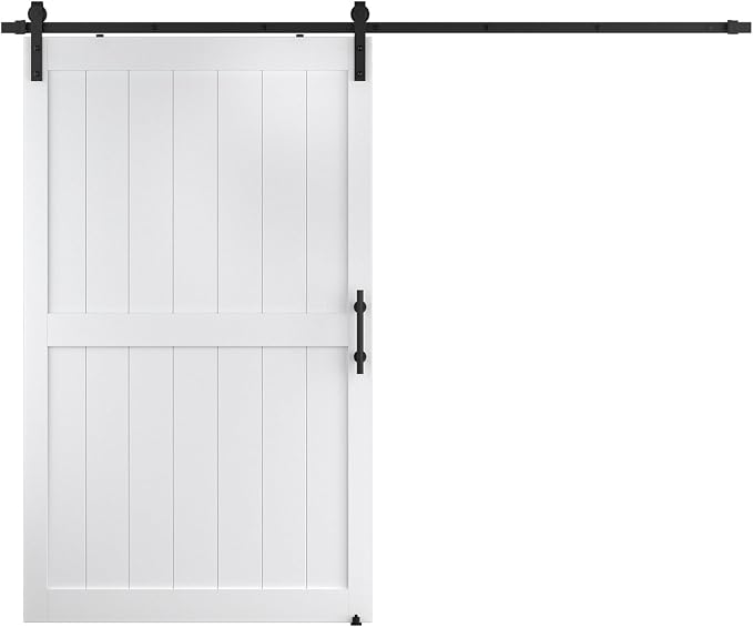 50''x84'' Sliding Barn Door with 8 Ft Barn Door Hardware Kit& Handle& Floor Guides,Pre-Drilled Holes Easy Assembly - Include Installation Manual, Water-Proof PVC Surface, H-Frame, White