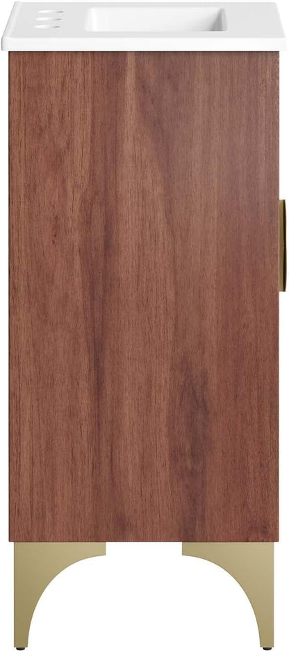 Modway Daylight Bathroom Vanity Cabinet with Ceramic Sink Basin, 18 Inch, White Walnut