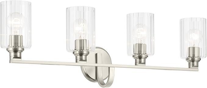 Kichler Gioe 32.25" 4-Light Vanity Light with Clear Fluted Glass in Brushed Nickel, Damp Rated, for Bathroom, Powder Room, Over a Mirror, (32.25" W x 10.5" H), 55227NIFLU