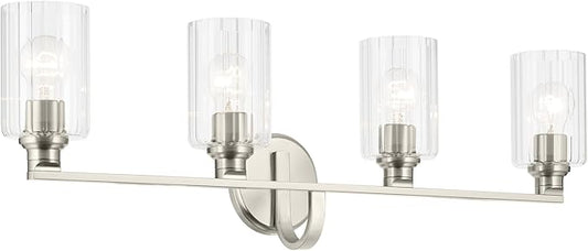 Kichler Gioe 32.25" 4-Light Vanity Light with Clear Fluted Glass in Brushed Nickel, Damp Rated, for Bathroom, Powder Room, Over a Mirror, (32.25" W x 10.5" H), 55227NIFLU