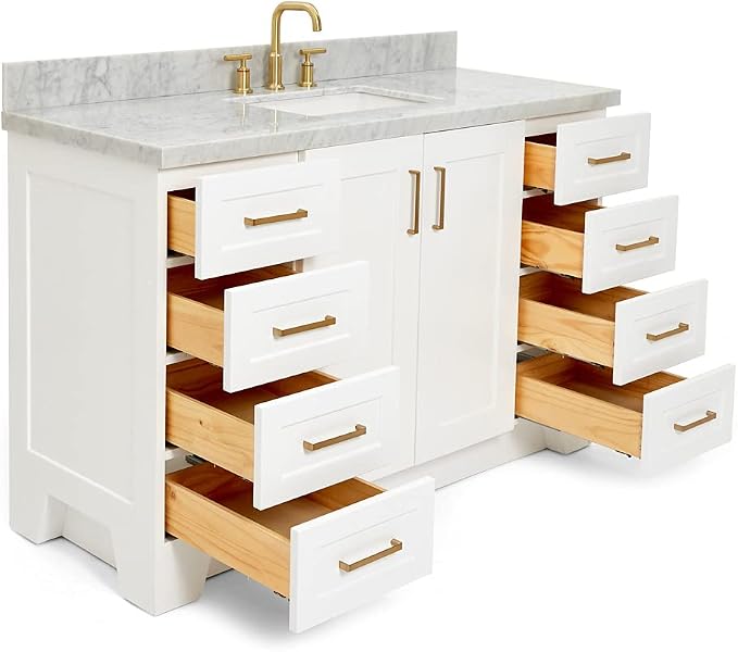 DKB Emilia 54-Inch White Bathroom Vanity with 1.5-Inch Edge Italian Carrara Marble Countertop & Splash, Rectangular Sink, 2 Soft Closing Doors, 9 Full Extension Dovetail Drawers, Satin Brass