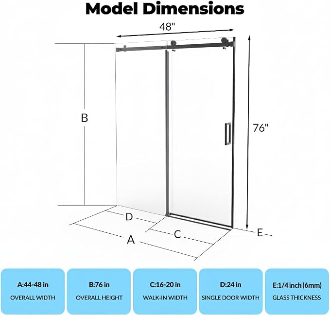 Shower Doors, Frameless Shower Door 44-48" W x 76" H, Sliding Glass with 1/4" (6mm) Clear Tempered Glass for Bathroom