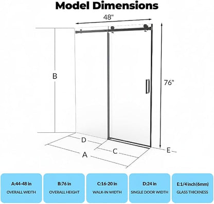 Frameless Sliding Glass Shower Door 44–48 Inch W x 76 Inch H, Shower Sliding Glass Door with Fixed Panel, 8mm Tempered Glass, Square Rail, Matte Black Shower Glass Door