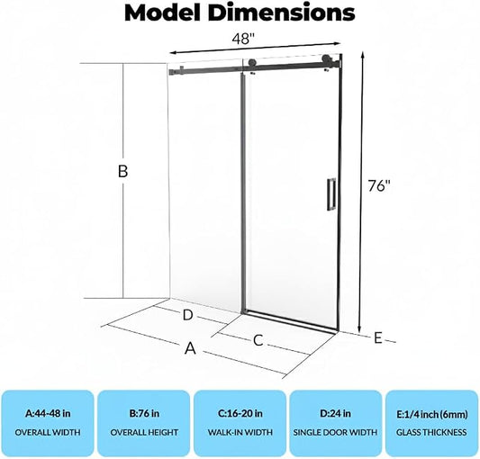 Frameless Sliding Shower Door 44–48 × 76 Inch – Glass Shower Door with Stainless Steel Track & Rollers, 6mm Tempered Glass, Matte Black